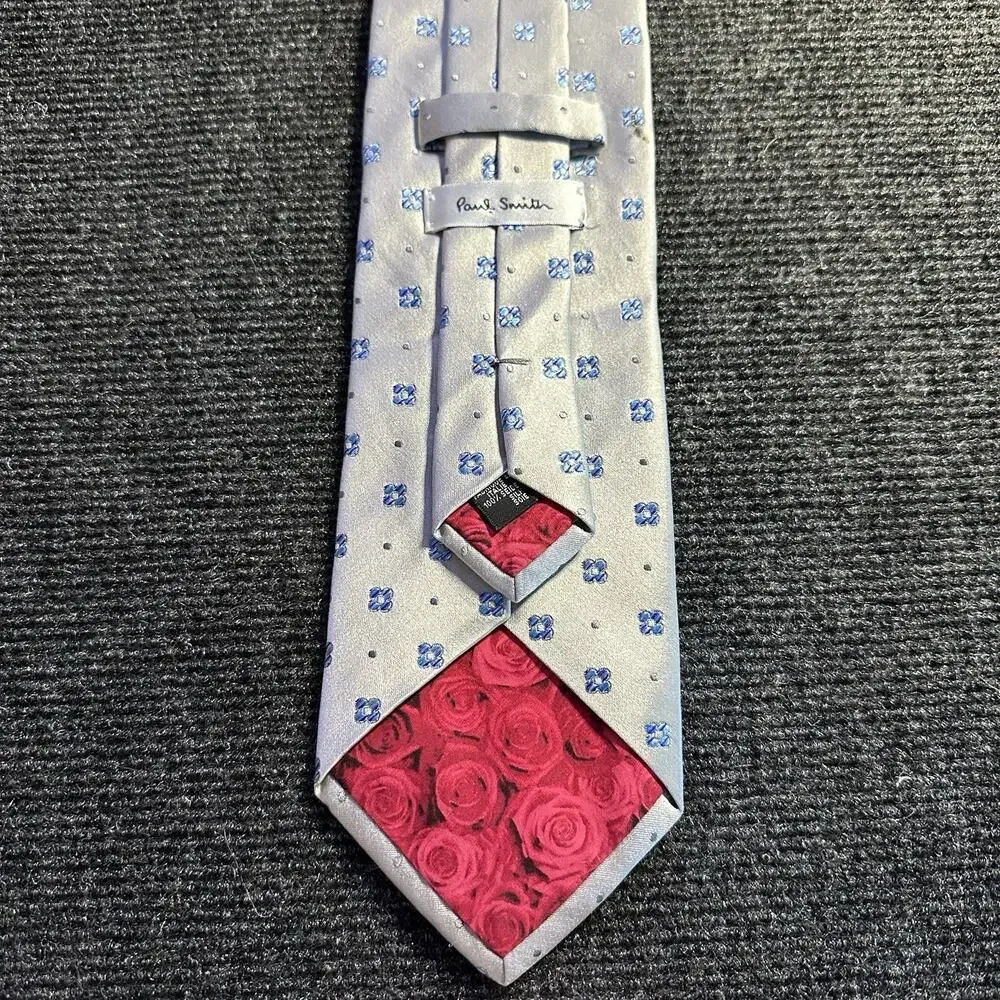 Paul Smith Tie Silk Men's Gray Blue Geometric Pattern Red Floral Tip Woven